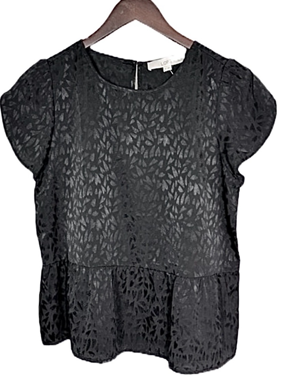 Loft Women’s Flowy Black Heart Peplum Blouse Pullover Short Sleeve Size S NWT